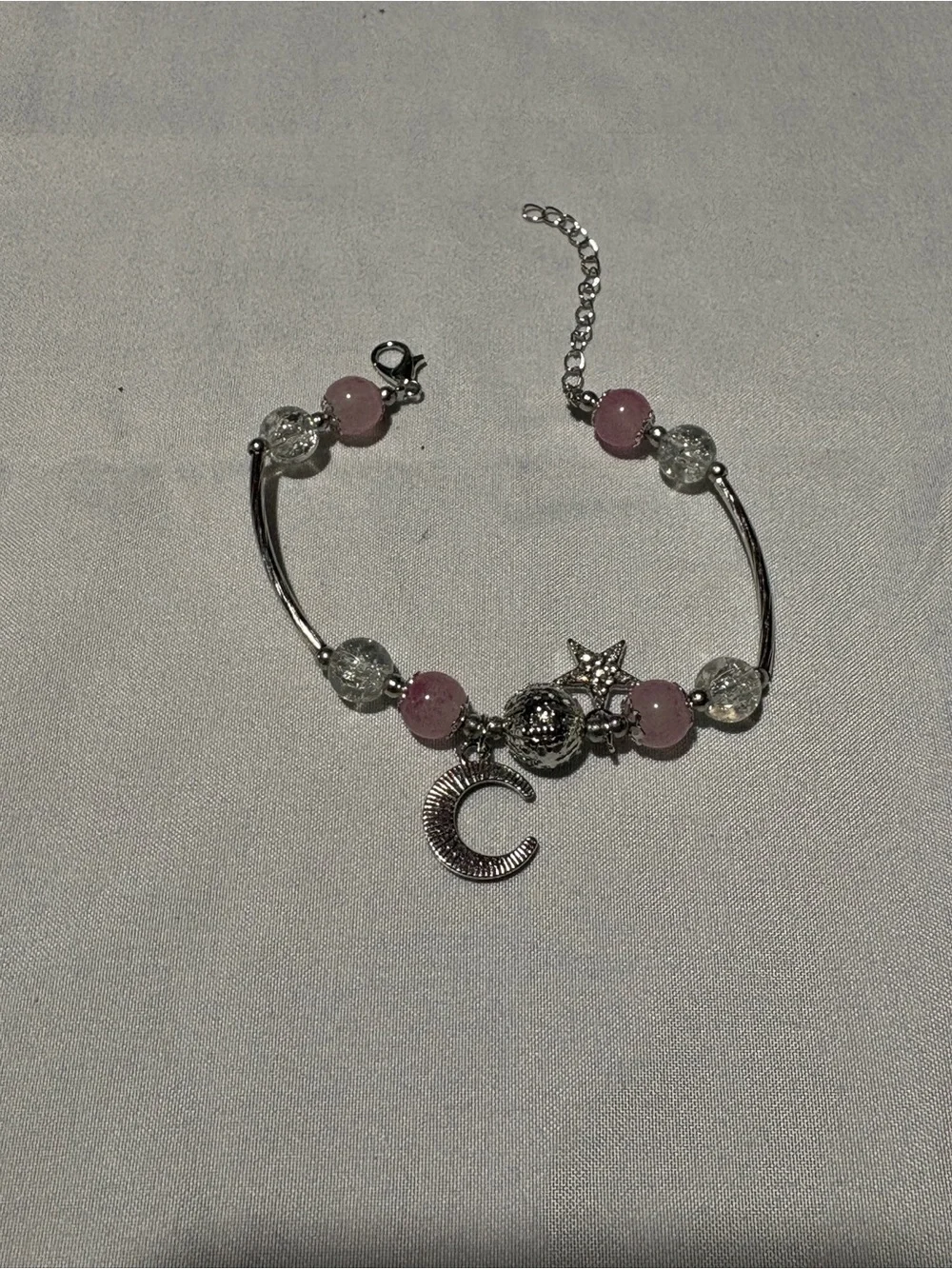 Pink & Clear Beaded Moon Star Bracelet – Silver Tone Celestial Charm Bracelet